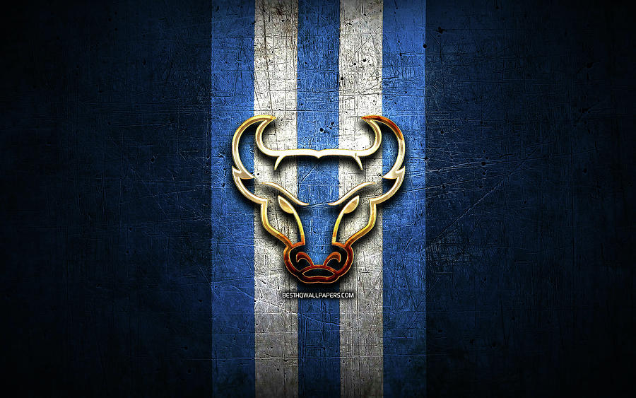 Buffalo Bulls golden logo NCAA blue metal background american football ...