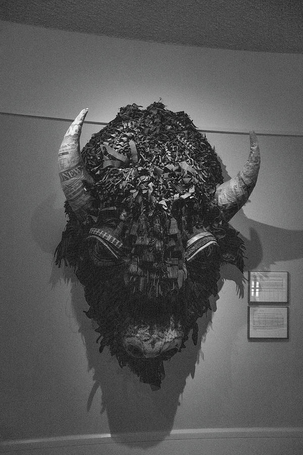 Buffalo head art in the New Mexico state capitol building in black and white Photograph by Eldon McGraw