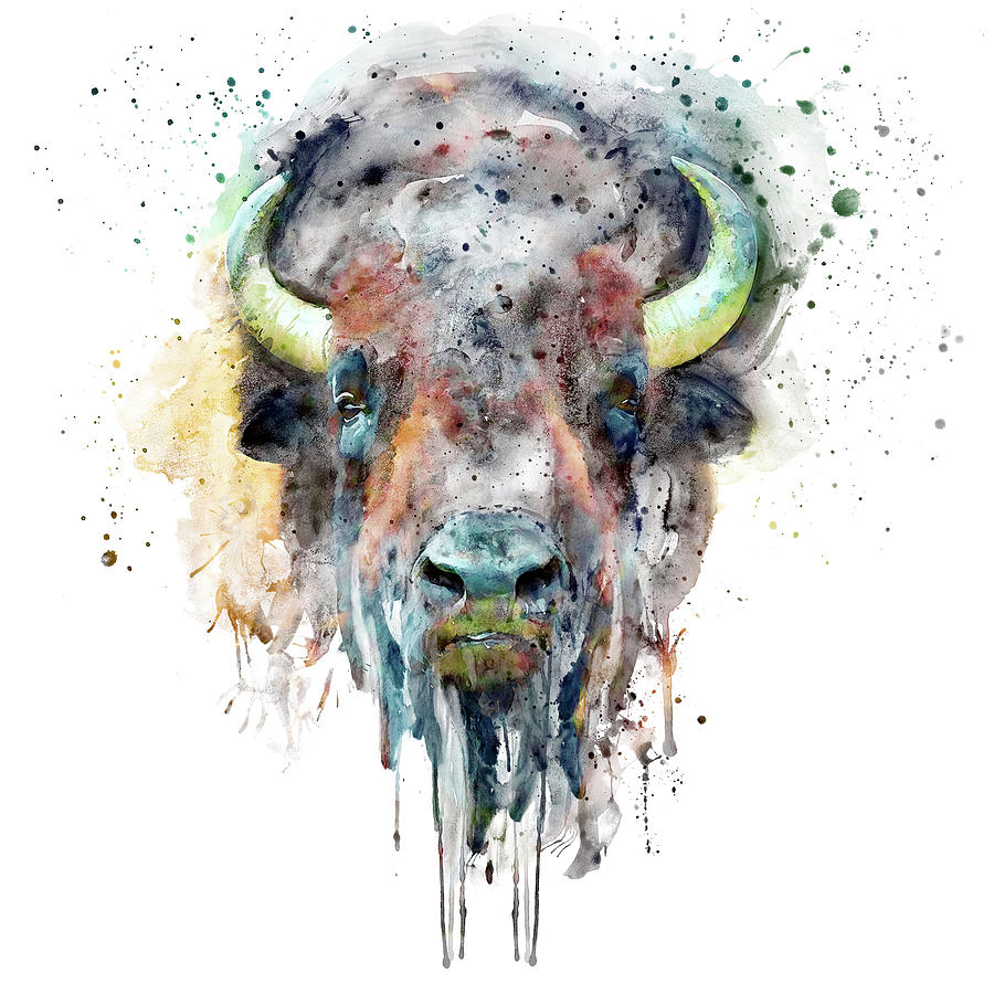 Buffalo Head Watercolor Portrait Painting by Marian Voicu