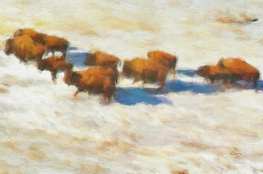 Buffalo Herd in Snow Digital Art by Russ Harris