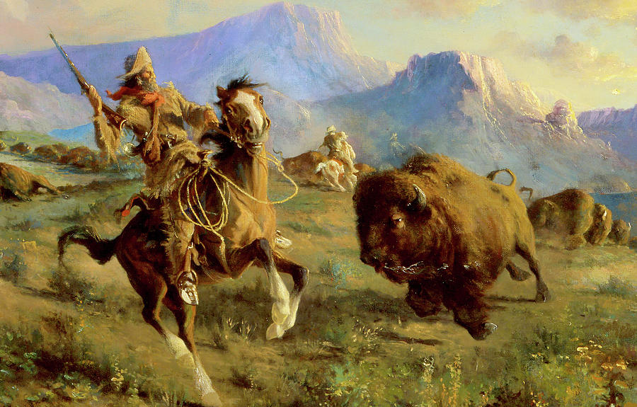 Buffalo Hunt by Paxson Detail Painting by Edgar Samuel Paxson