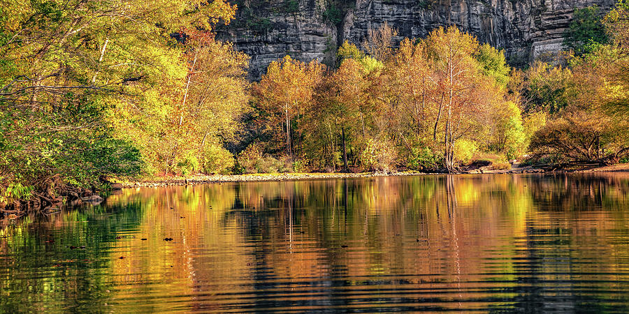 Buffalo River Reflections of Autumn Panorama Along Roark Bluff Photograph by Gregory Ballos