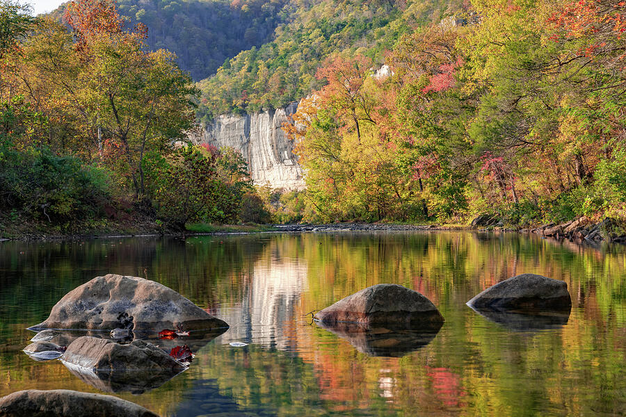 Buffalo River Reflections Of Roark Bluff In Autumn Photograph by Gregory Ballos