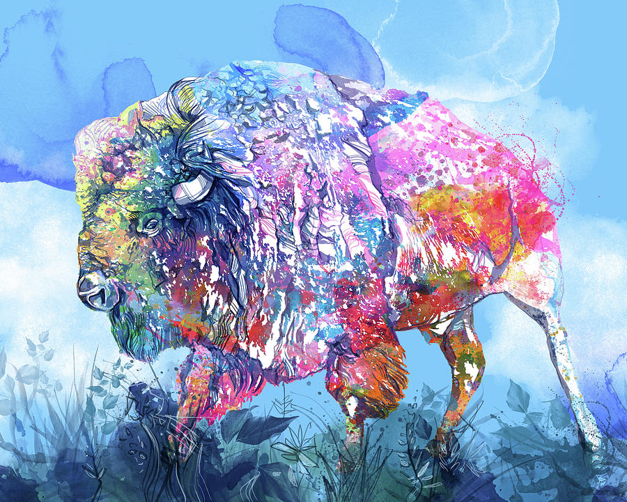 Buffalo Watercolor Blue Digital Art