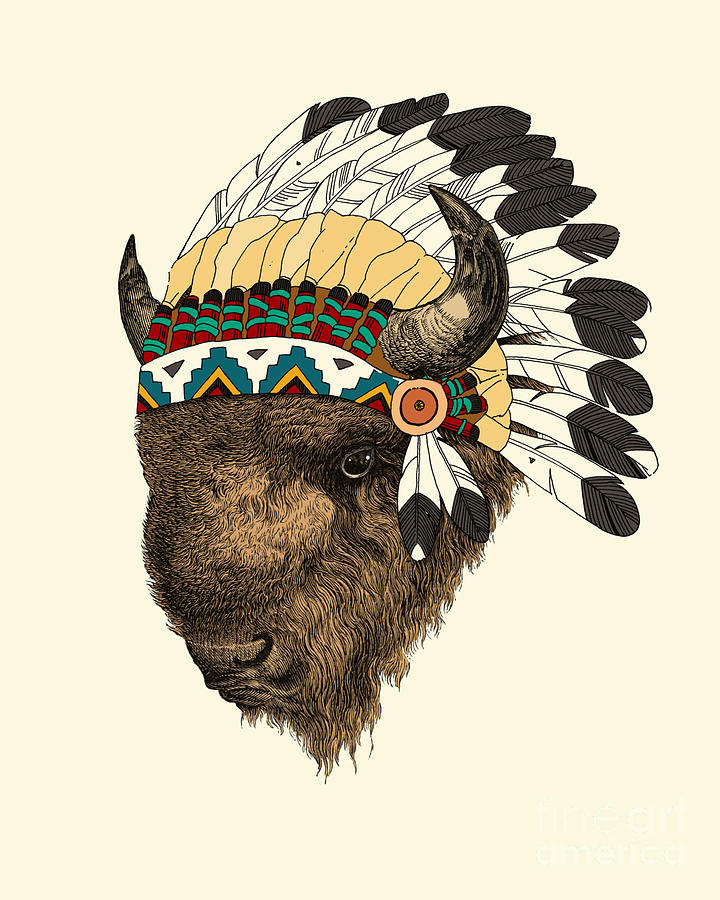 Buffalo Digital Art - Buffalo with indian headdress in color by Madame Memento