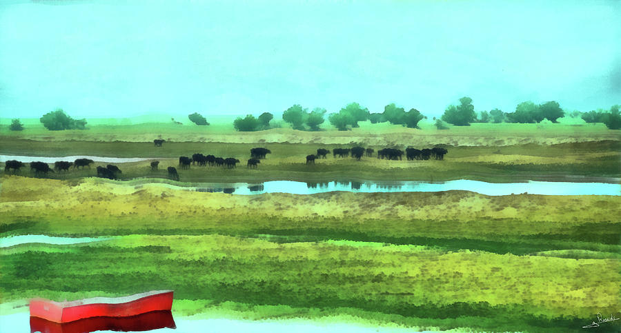 Buffaloes in Kerkini lake Painting by George Rossidis