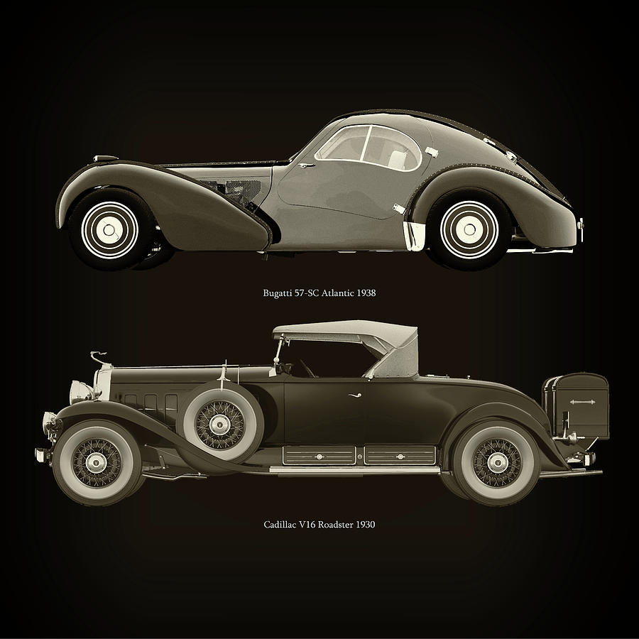 Bugatti 57-SC Atlantic 1938 and Cadillac V16 Roadster 1930 Photograph by Jan Keteleer