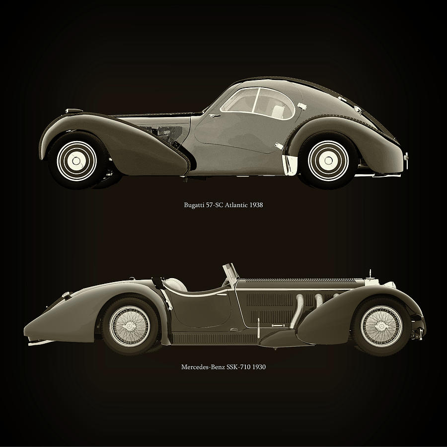 Bugatti 57-SC Atlantic 1938 and Mercedes-Benz SSK-710 1930 Photograph by Jan Keteleer