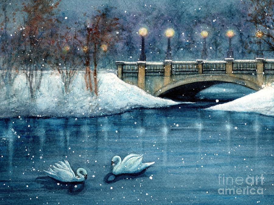 Buhl Park Winter Swan Duet Hermitage Painting by Janine Riley