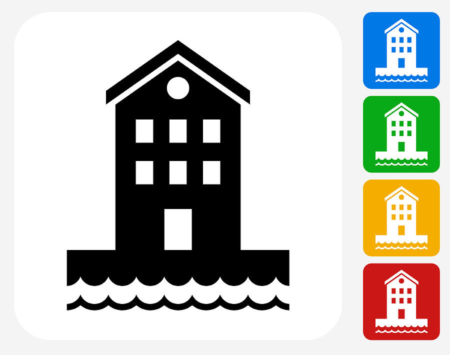 Building near Water Icon Flat Graphic Design Drawing by Bubaone