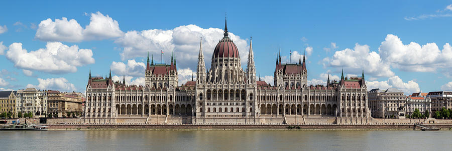 Building of the Hungarian Parliament with Danube river, exactly symmetric centred panoramic view Photograph by Viktor Wallon-Hars