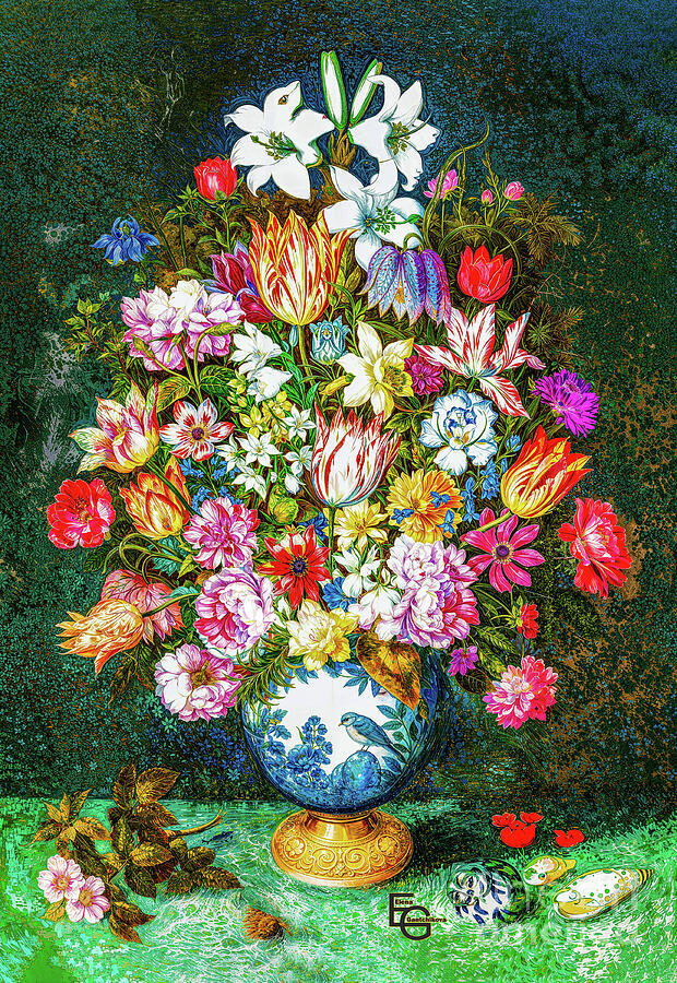 A vibrant bouquet of assorted flowers bursts from an ornate vase, surrounded by a lush green backgro Digital Art by Elena Gantchikova A vibrant bouquet of assorted flowers bursts from an ornate vase, surrounded by a lush green backgro Digital Art by Elena Gantchikova