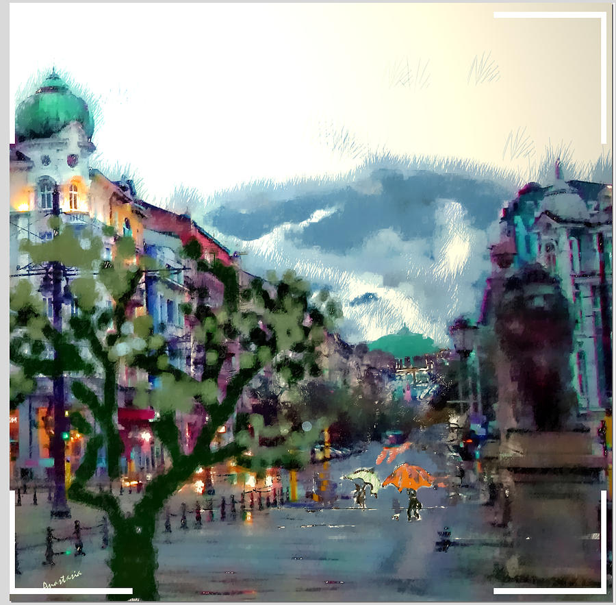 Bulgarian Postcard Sofia in the Rain Painting by Anastasia Savage Ealy