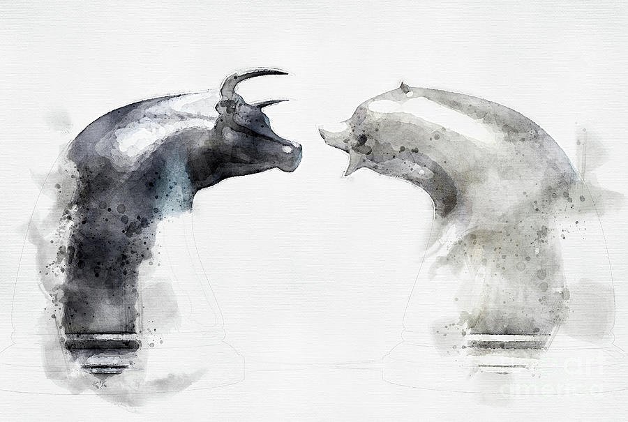 Bull And Bear Chess Pieces Watercolor Digital Art