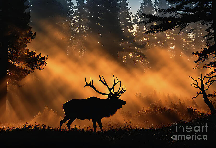 Bull Elk in Sunbeams Sunset Mixed Media by Stephanie Laird