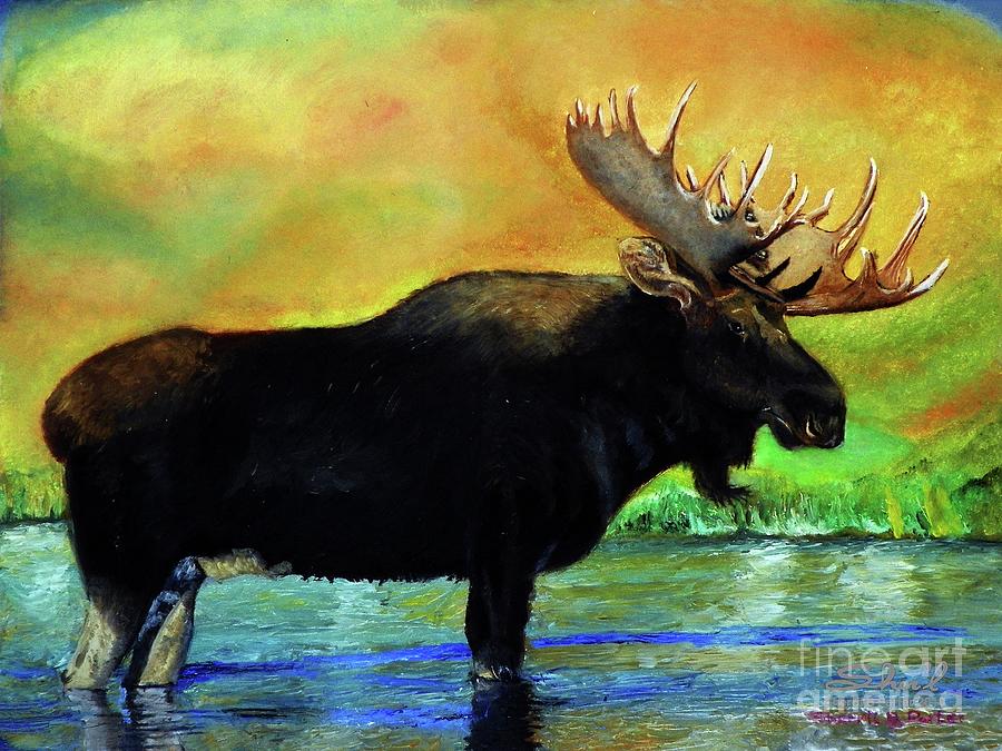 Bull Moose in Mid Stream Painting by Sherril Porter