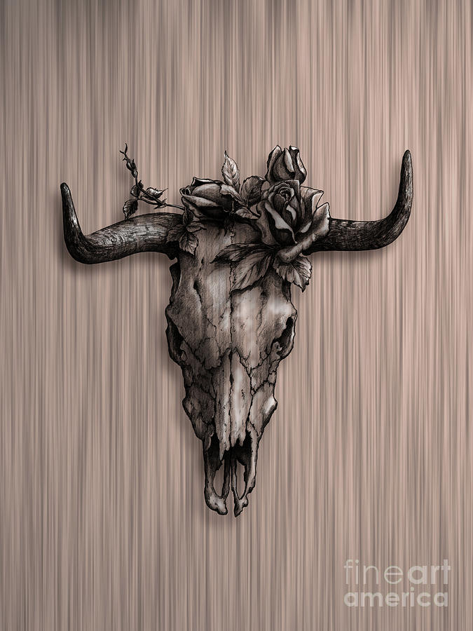 Bull Mixed Media - Bull Skull and Rose - update fiber by Emerico Imre Toth