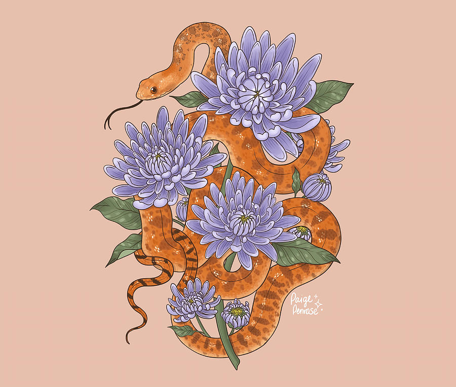 Bull Snake with Chrysanthemum Comforter Copy Painting by Kieran Nikki