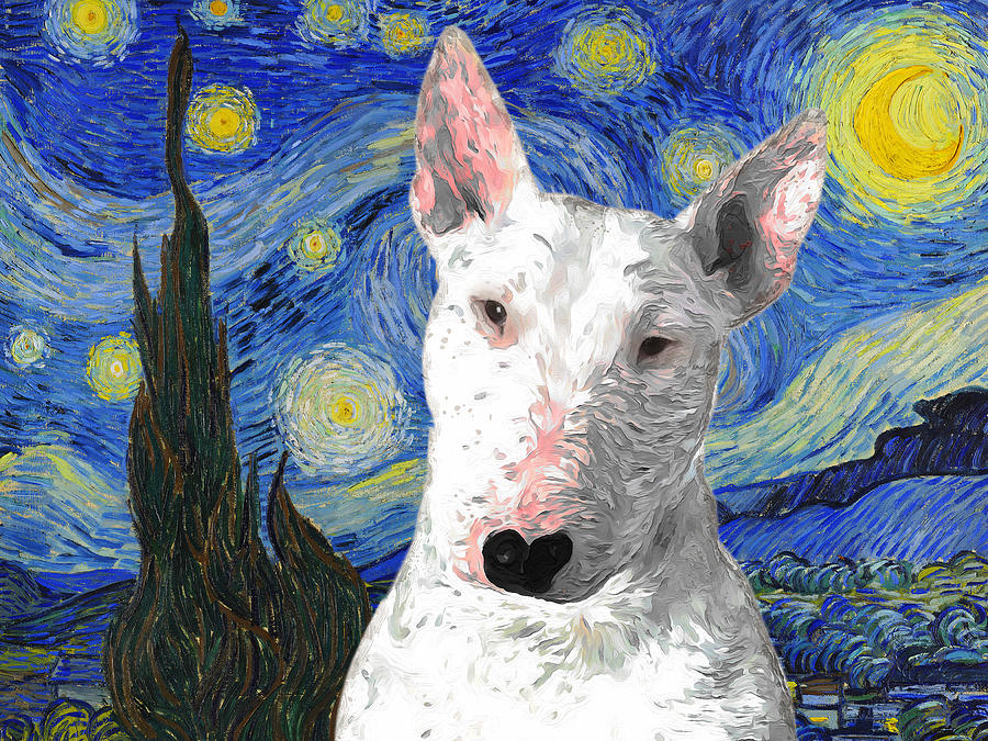 Bull Terrier Art Starry Night Van Gogh Bull Dog Print Painting by Sandra Sij