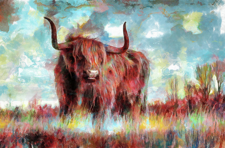 Bull with Long Horns Colorful Painting Painting by Matthias Hauser