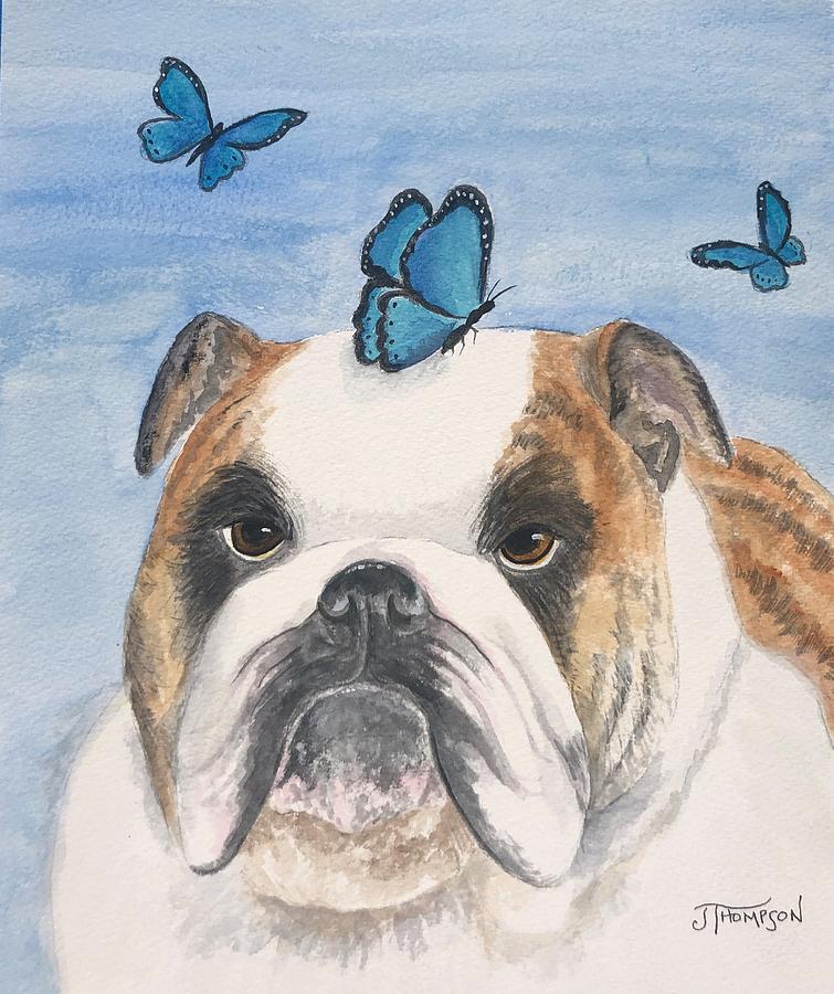 English Bulldog Painting - Bulldog and Butterflies by Judy Thompson