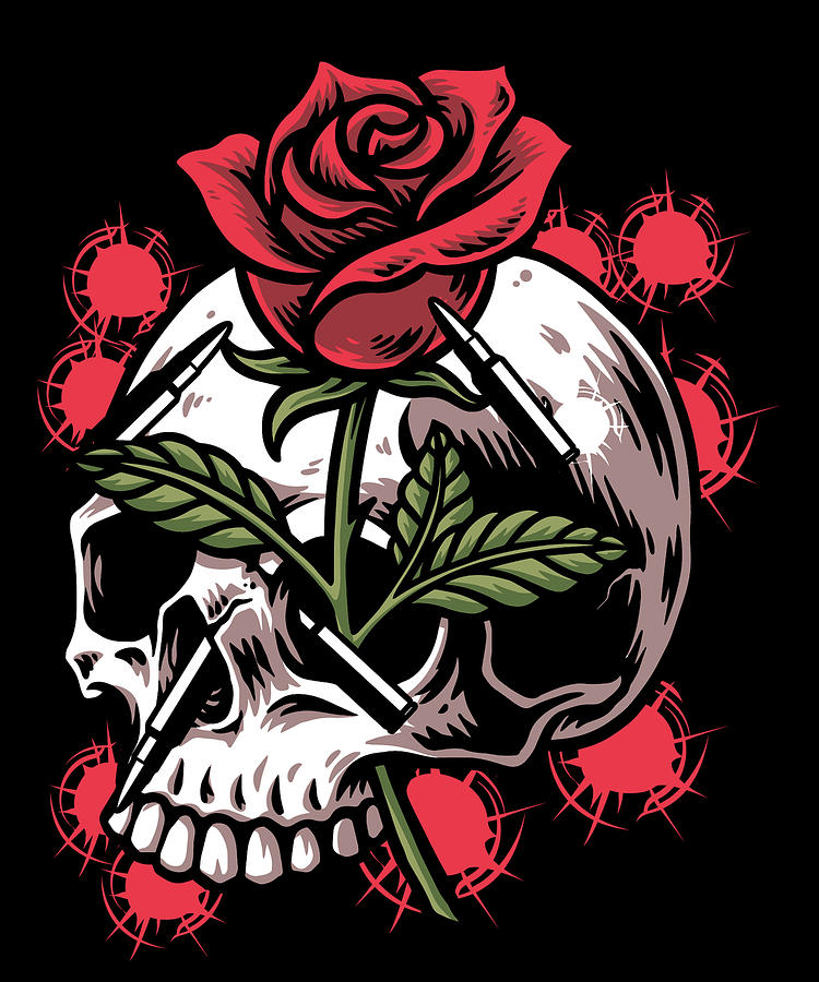 Rose Digital Art - Bullets and Skull Roses Aesthetic Dripping Pattern by Toms Tee Store