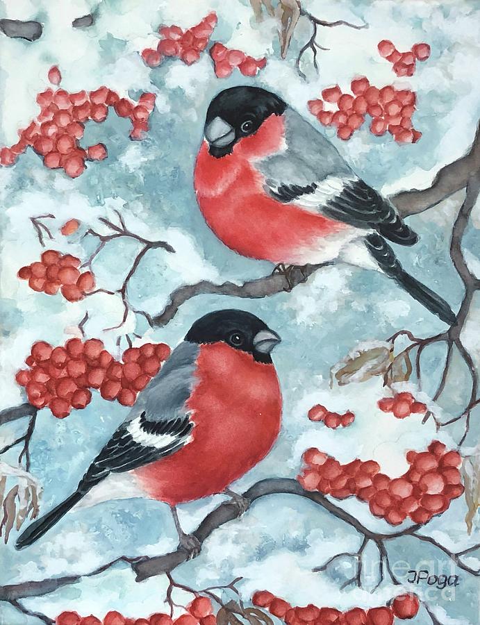 Winter Painting - Bullfinch Couple by Inese Poga