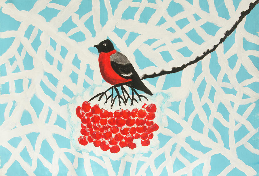 Bullfinch on branch with ashberries on branches with snow painting Painting by Irina Afonskaya