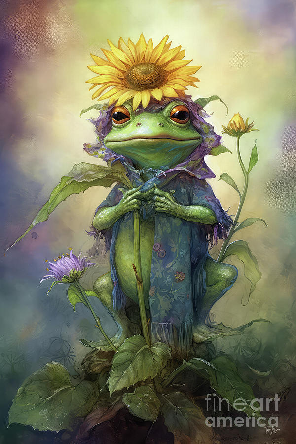 Frog Painting - Bullfrog Sunflower Goddess by Tina LeCour