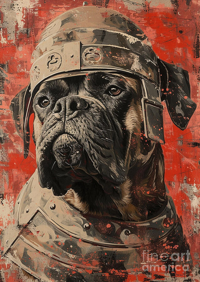 Dog Painting - Bullmastiff - attired in the heavy armor of a Roman gatekeeper by Adrien Efren