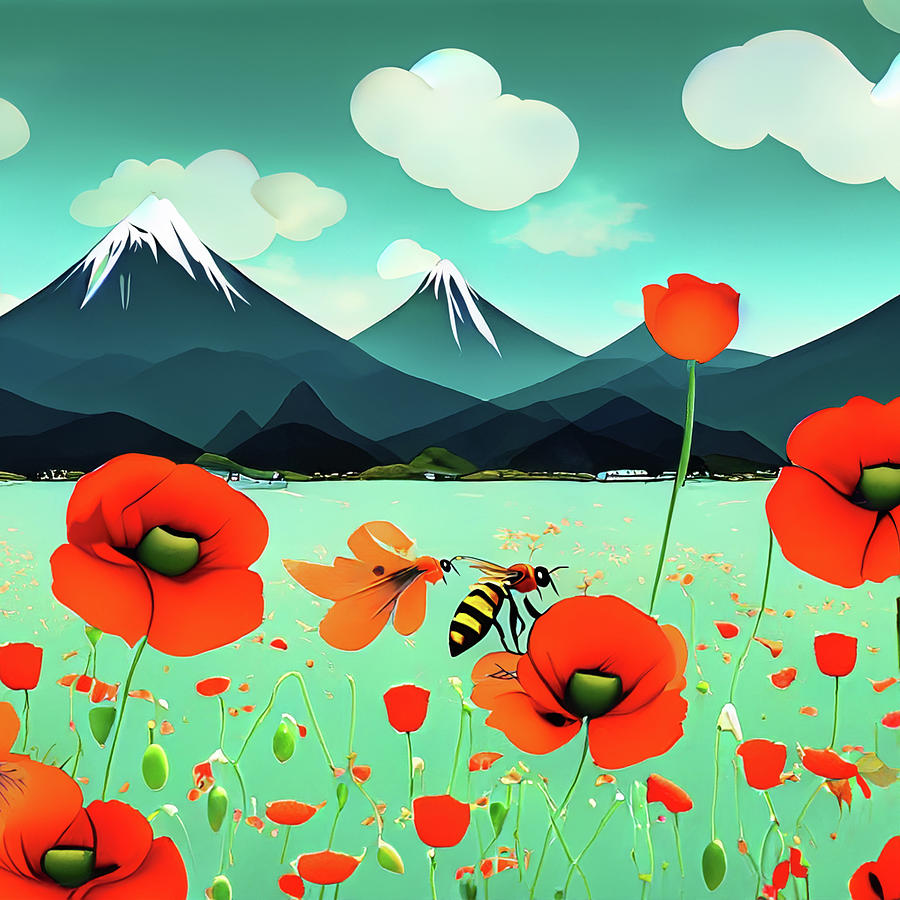 Bumble Bee and Poppies Digital Art by Cordia Murphy