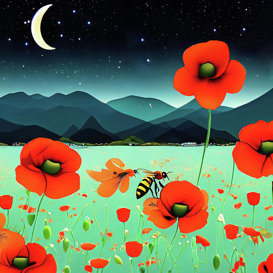 Bumble Bee in Field of Poppies Digital Art by Cordia Murphy