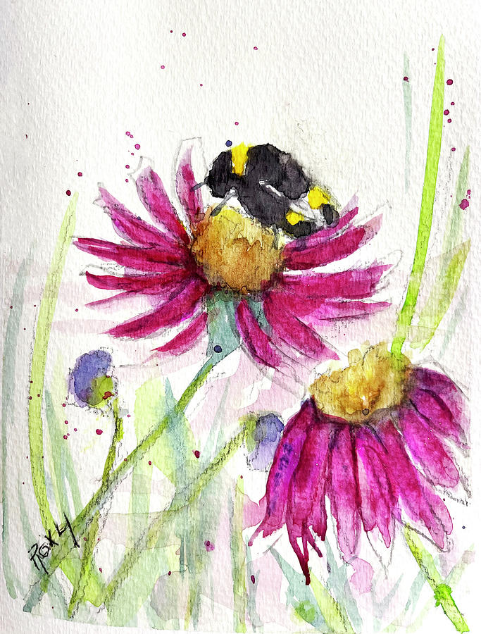 Bumble Bee in the Coneflowers Painting by Roxy Rich