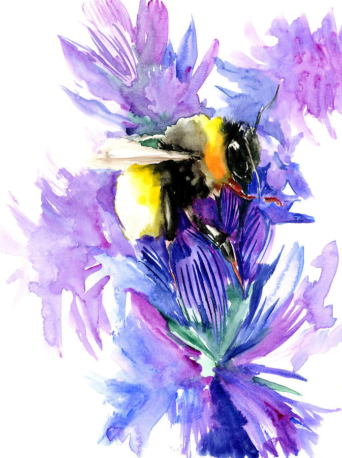BUmblebee and Lavender Flowers Painting by Suren Nersisyan