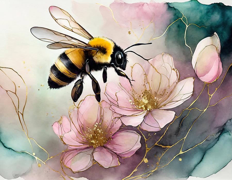 Bumblebee and Pink Flowers Mixed Media by Susan Rydberg