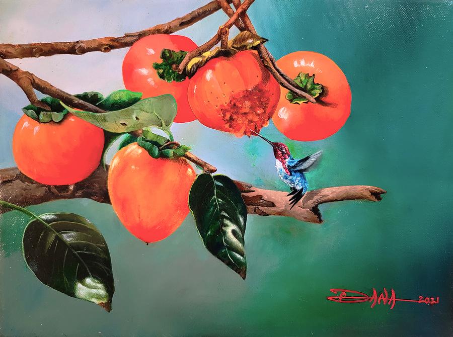 Bumblebee hummer and Persimmons Painting by Dana Newman