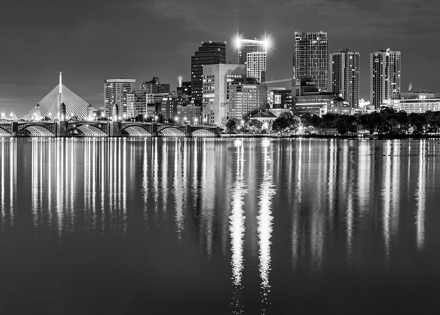 Bunker Hill and Longfellow Bridges and Boston Skyline - Black and White Photograph by Gregory Ballos