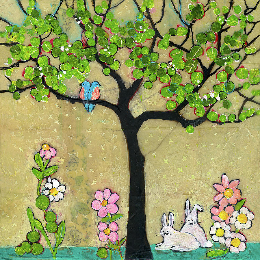 Bunnies and Birds Tree Painting by Blenda Studio