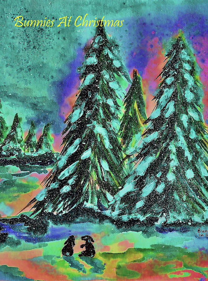 Bunnies at Christmas  Christmas Card or Poster Digital Art by Linda Brody