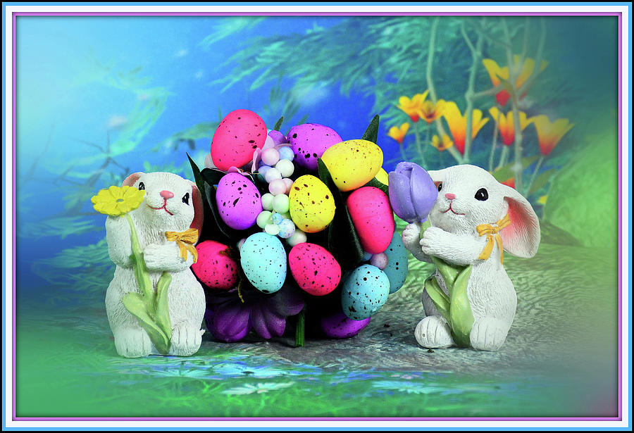 Bunnies With Colored Eggs Mixed Media by Constance Lowery