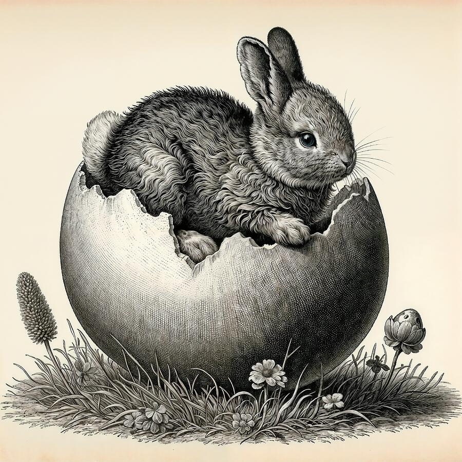 Flower Digital Art - Bunny emerging from an Easter egg - inspired by Albrecht Durer by Black Papaver