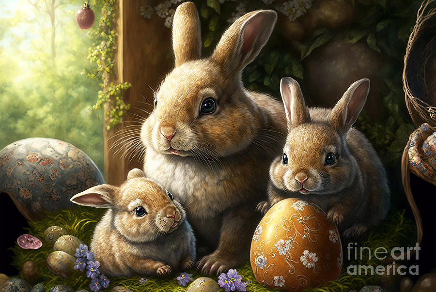 Easter Photograph - Bunny family with easter eggs in cozy burrow by Michal Bednarek