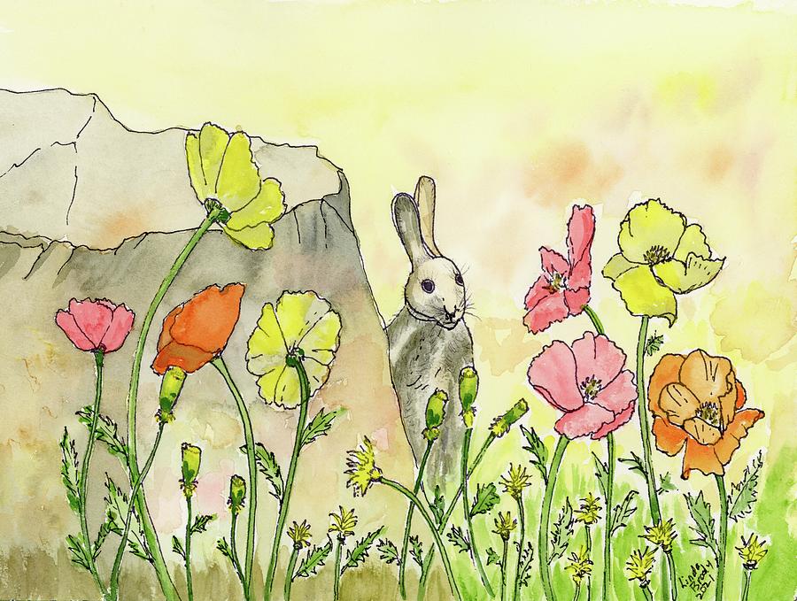 Bunny Hiding in the Poppies Painting by Linda Brody