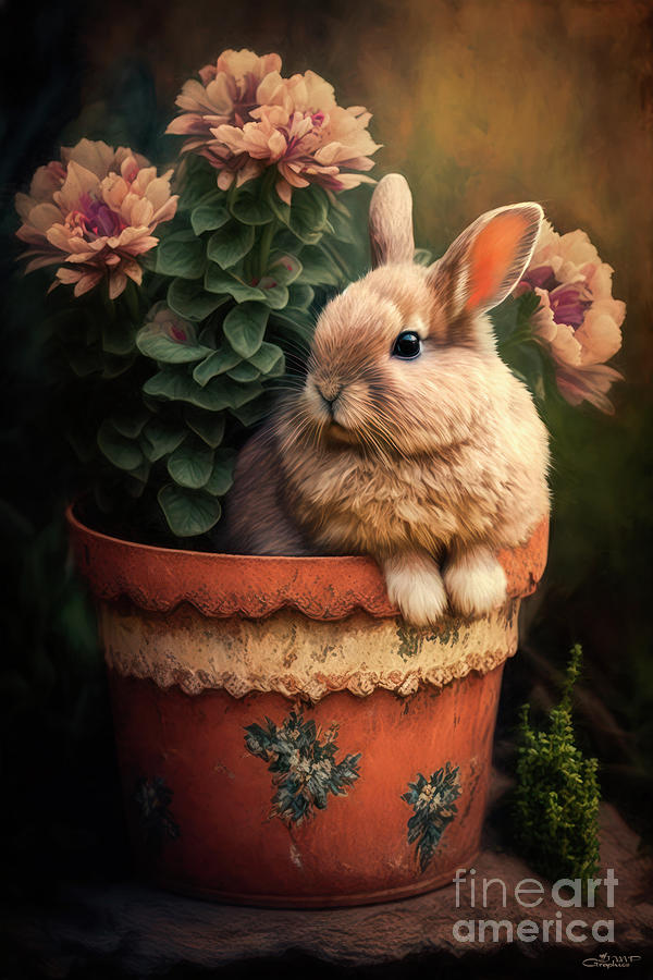 Bunny in a Flower Pot Digital Art by Jutta Maria Pusl