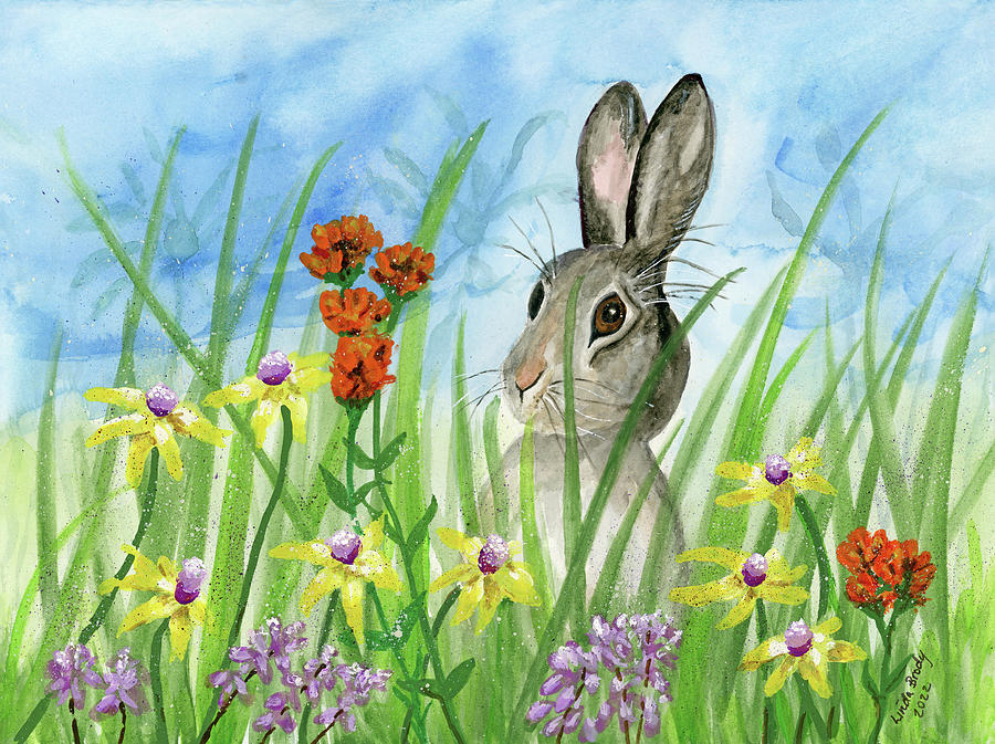 Bunny In The Flowers Painting by Linda Brody