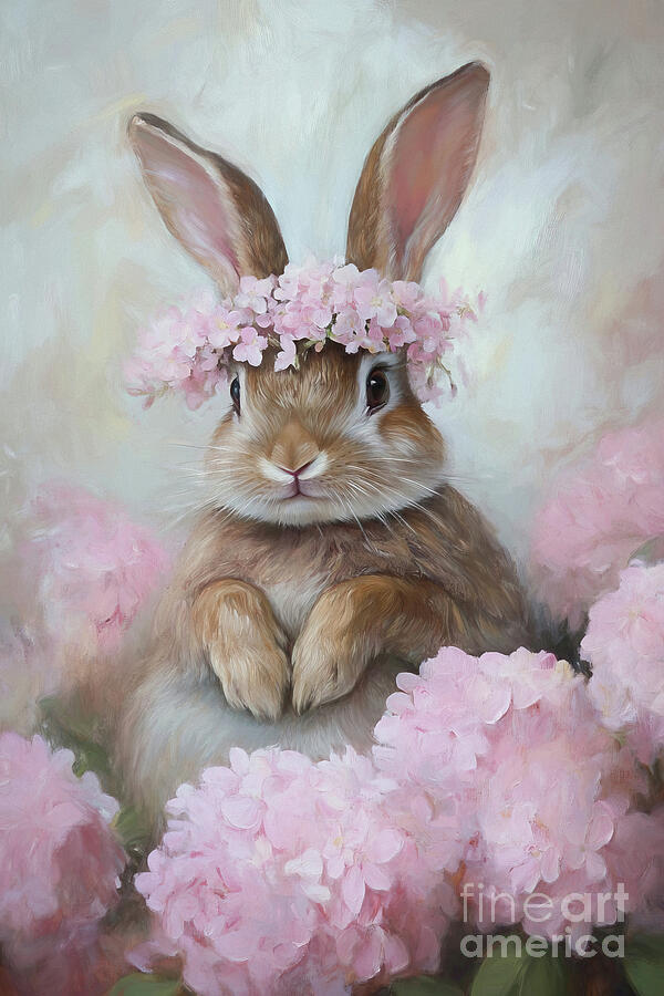 Bunny In The Pink Hydrangeas 3 Painting by Tina LeCour Bunny In The Pink Hydrangeas 3 Painting by Tina LeCour