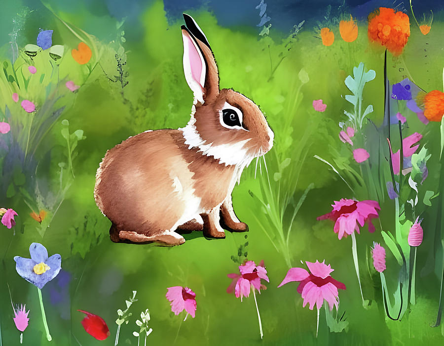Bunny Rabbit and Wildflowers Digital Art by Jill Nightingale