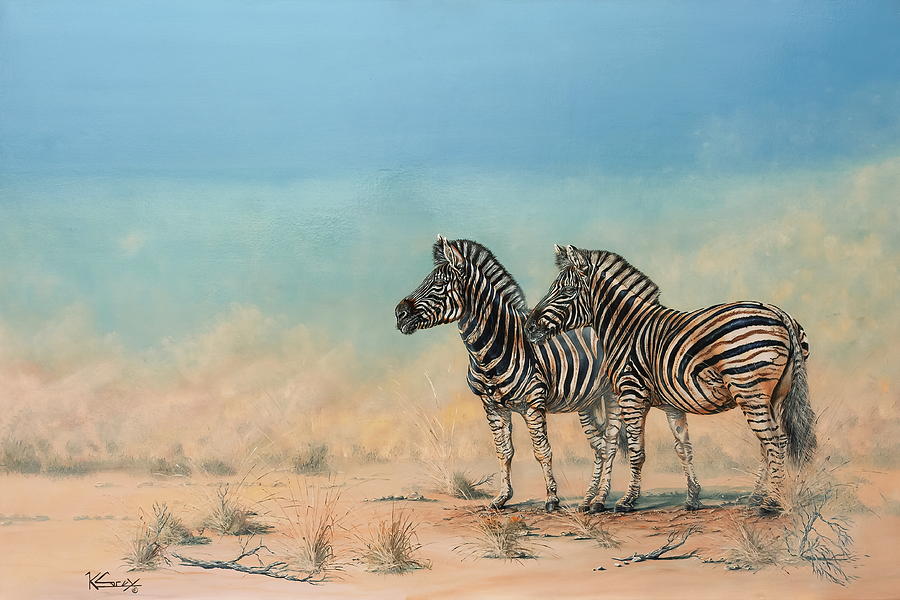 Burchells Zebra Dust Storm Painting by Keith Carey
