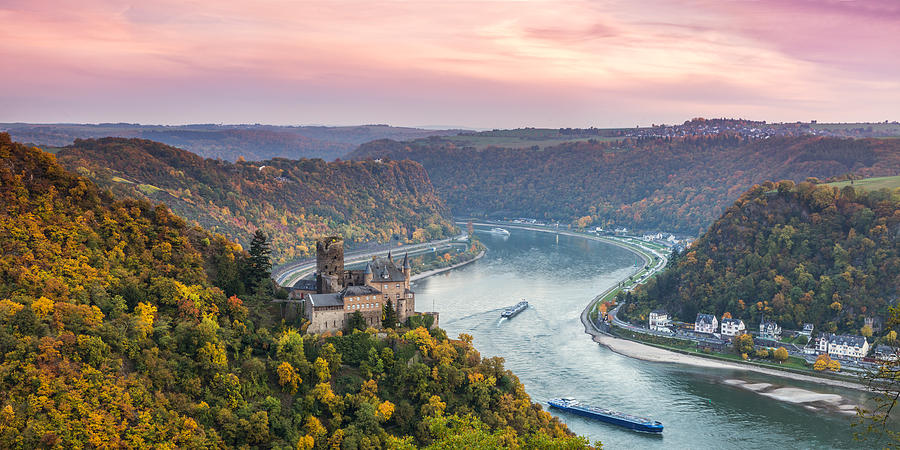 Burg Katz castle and romantic Rhine in autumn at sunset, Germany Photograph by Matteo Colombo