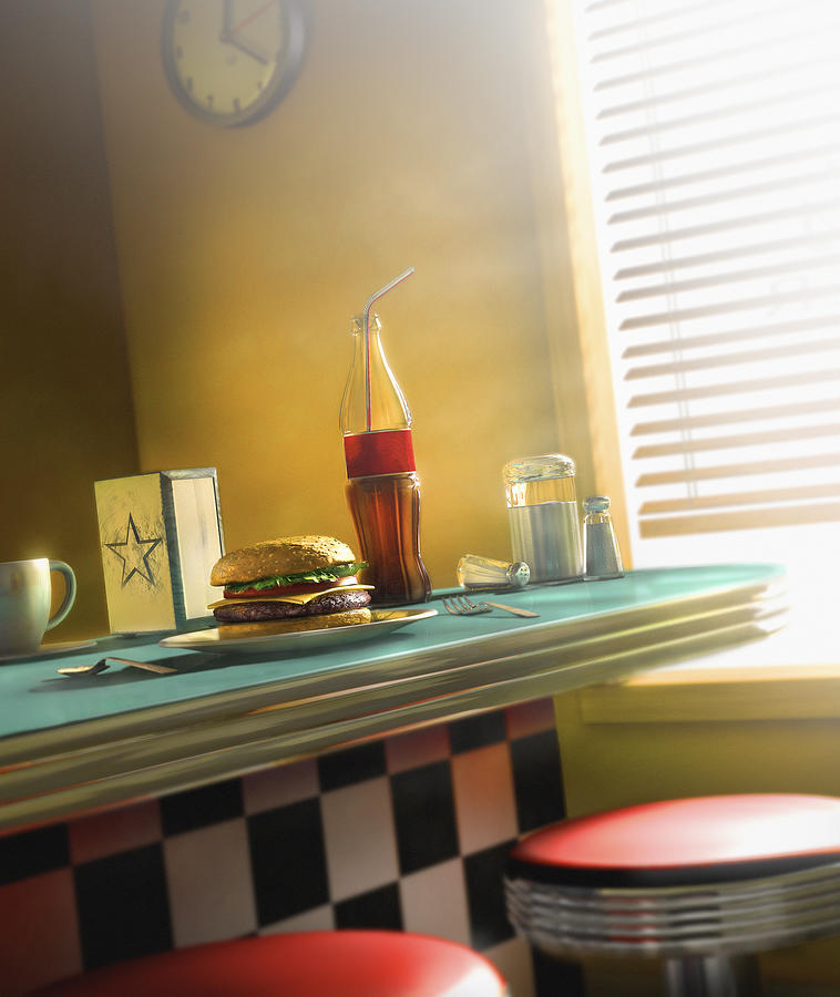 Burger and soda on diner counter Photograph by Chris Clor